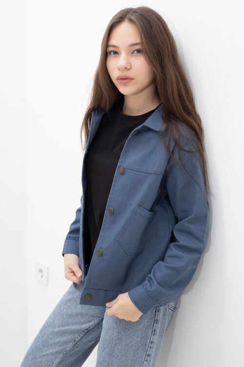 İndigo Sırtı Düğme Detaylı Kız Çocuk Gabardin Kumaş Ceket 23576