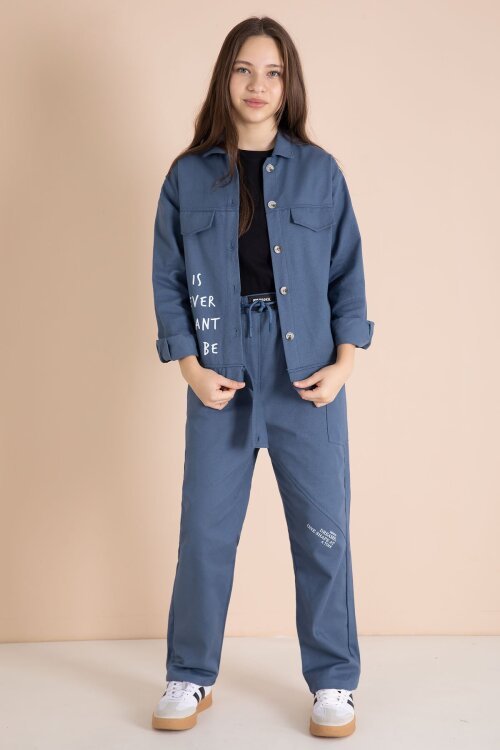 İndigo Yazı Detaylı Gömlekli Kız Çocuk Pantolonlu Gabardin Takım 23567
