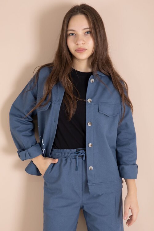 İndigo Yazı Detaylı Gömlekli Kız Çocuk Pantolonlu Gabardin Takım 23567