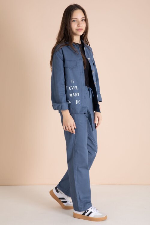 İndigo Yazı Detaylı Gömlekli Kız Çocuk Pantolonlu Gabardin Takım 23567