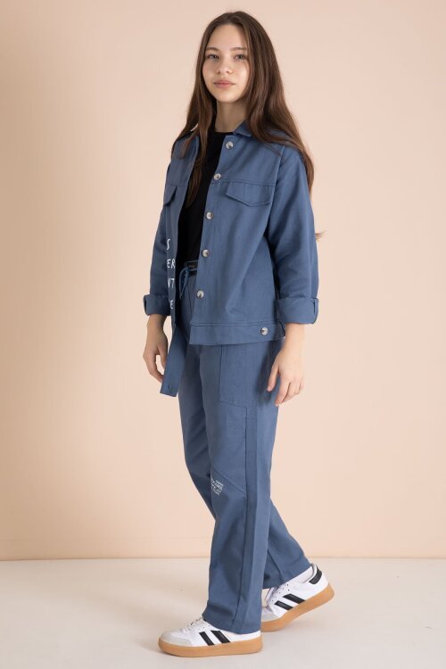 İndigo Yazı Detaylı Gömlekli Kız Çocuk Pantolonlu Gabardin Takım 23567