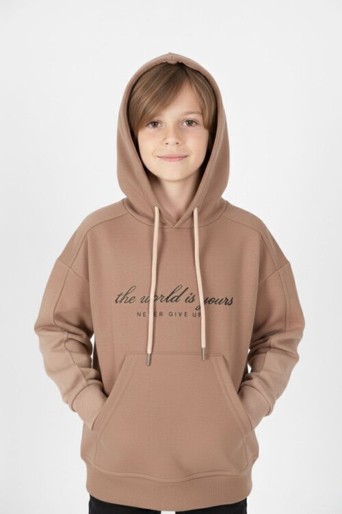 Kahve Göğüs Yazılı Kanguru Cepli Kapüşonlu Erkek Çocuk Sweatshirt 19341