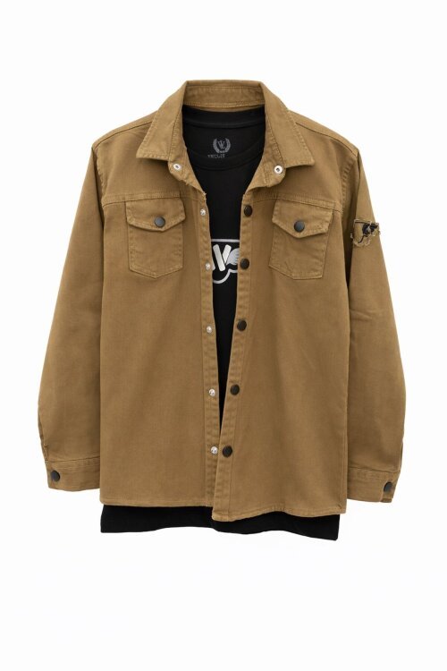 Kahve Keten Gömlekli Bisiklet Yaka Baskılı Tişörtlü Erkek Çocuk 2li Takım 20257