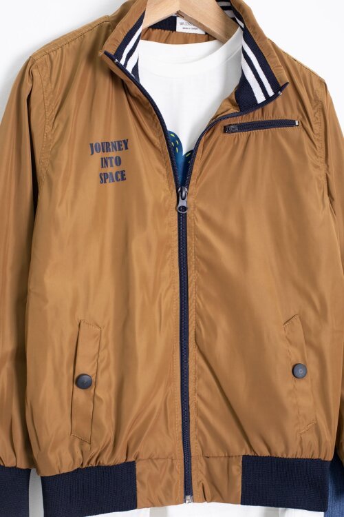 Kahve Palmiye Baskılı Tişörtlü Erkek Çocuk Ceketli 3lü Takım 18836