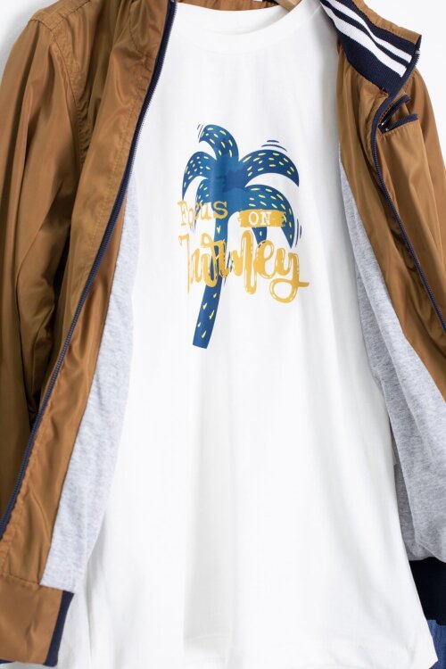 Kahve Palmiye Baskılı Tişörtlü Erkek Çocuk Ceketli 3lü Takım 18836