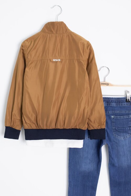 Kahve Palmiye Baskılı Tişörtlü Erkek Çocuk Ceketli 3lü Takım 18836