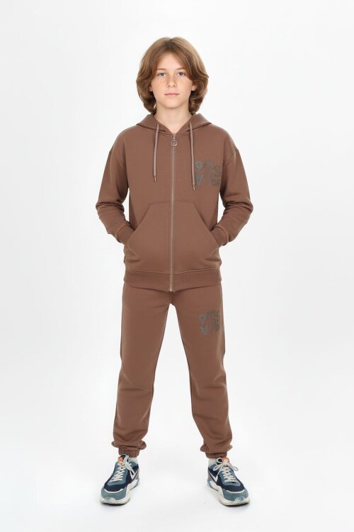 Kahve Yazı Baskılı Kapüşonlu Hırkalı Erkek Çocuk Eşofman Takımı 19227