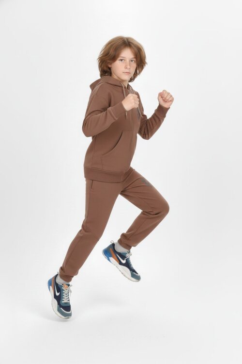 Kahve Yazı Baskılı Kapüşonlu Hırkalı Erkek Çocuk Eşofman Takımı 19227