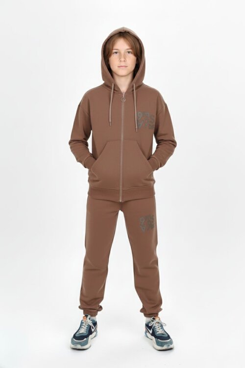 Kahve Yazı Baskılı Kapüşonlu Hırkalı Erkek Çocuk Eşofman Takımı 19227