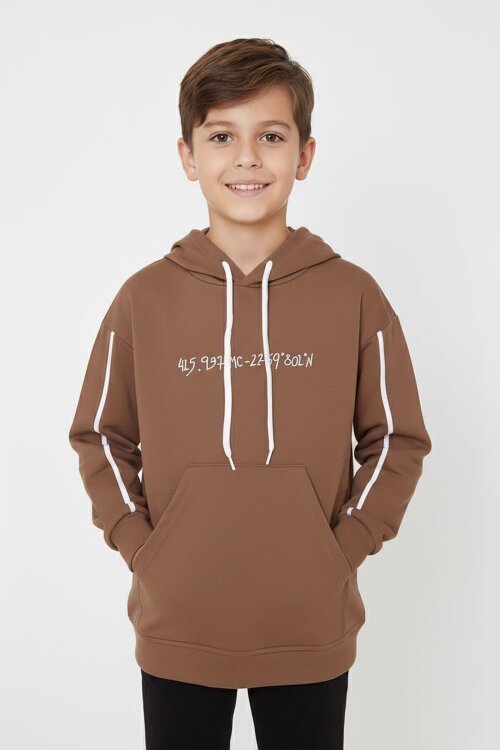 Kahverengi Baskılı Erkek Çocuk Şeritli Kapüşonlu Sweatshirt 19218