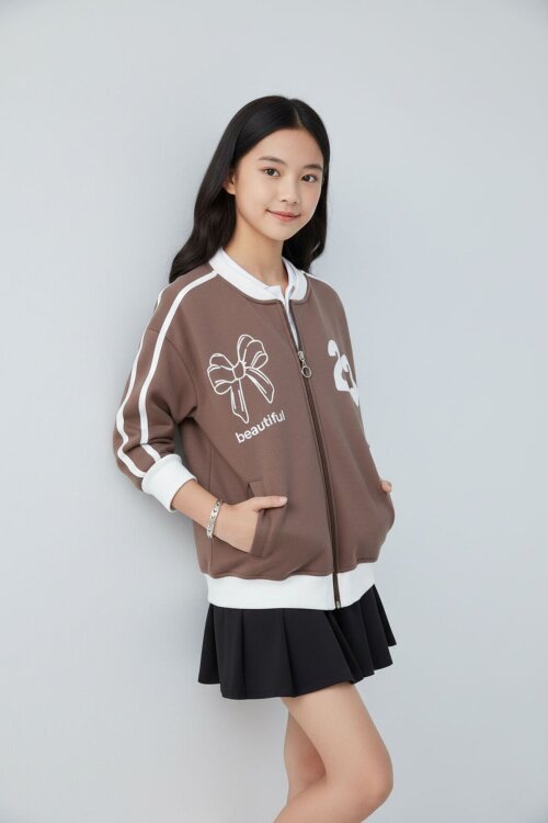 Kahverengi Beautifull Yazılı Kolu Şeritli Kız Çocuk Kolej Hırka 21193