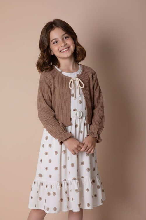 Kahverengi Bolerolu Çiçek Desenli Kuşaklı Kız Çocuk Elbise Takımı  23506