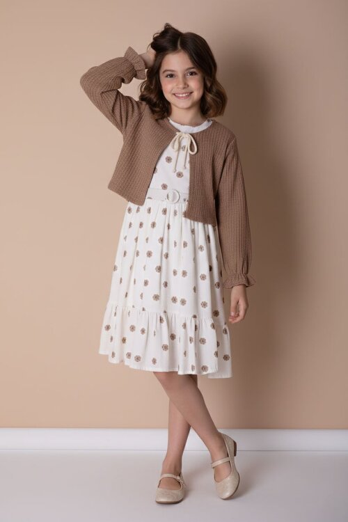 Kahverengi Bolerolu Çiçek Desenli Kuşaklı Kız Çocuk Elbise Takımı  23506