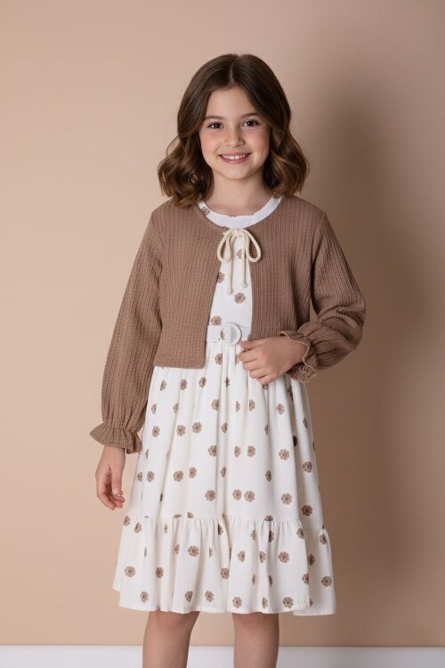 Kahverengi Bolerolu Çiçek Desenli Kuşaklı Kız Çocuk Elbise Takımı  23506