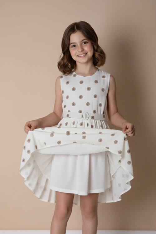 Kahverengi Bolerolu Çiçek Desenli Kuşaklı Kız Çocuk Elbise Takımı  23506