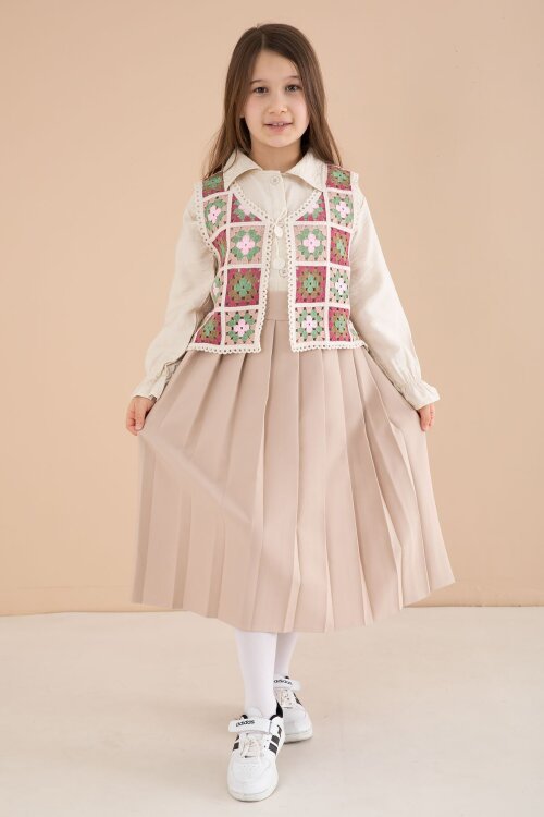 Kahverengi Çiçek Desen Örgü Süveterli Gömlekli Kız Çocuk Etekli 3lü Takım  23583