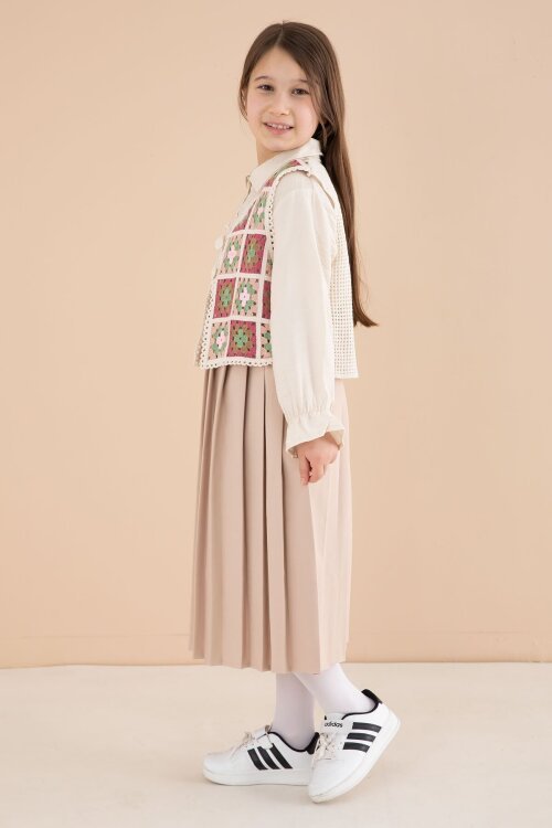 Kahverengi Çiçek Desen Örgü Süveterli Gömlekli Kız Çocuk Etekli 3lü Takım  23583