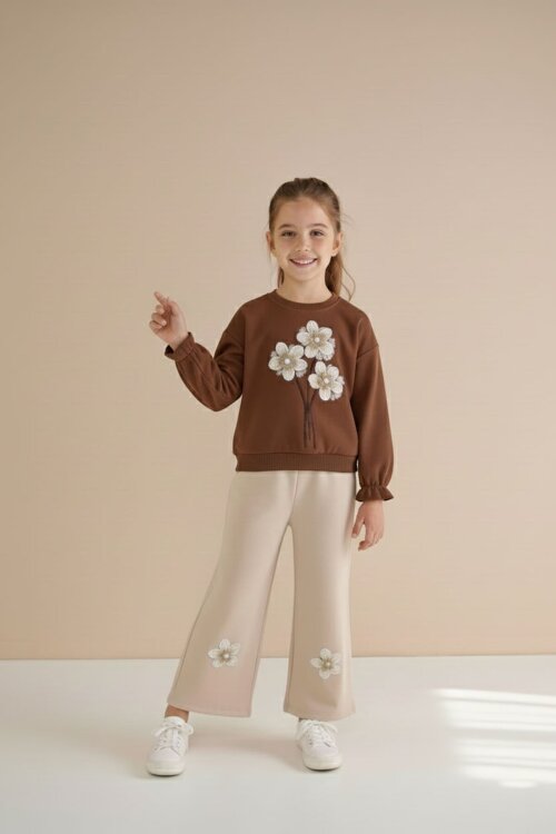 Kahverengi Çiçek Nakış Detaylı Badili Jean Pantolonlu Kız Çocuk 2li Takım 23512