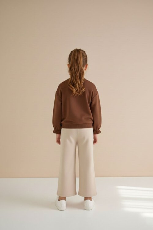 Kahverengi Çiçek Nakış Detaylı Badili Jean Pantolonlu Kız Çocuk 2li Takım 23512