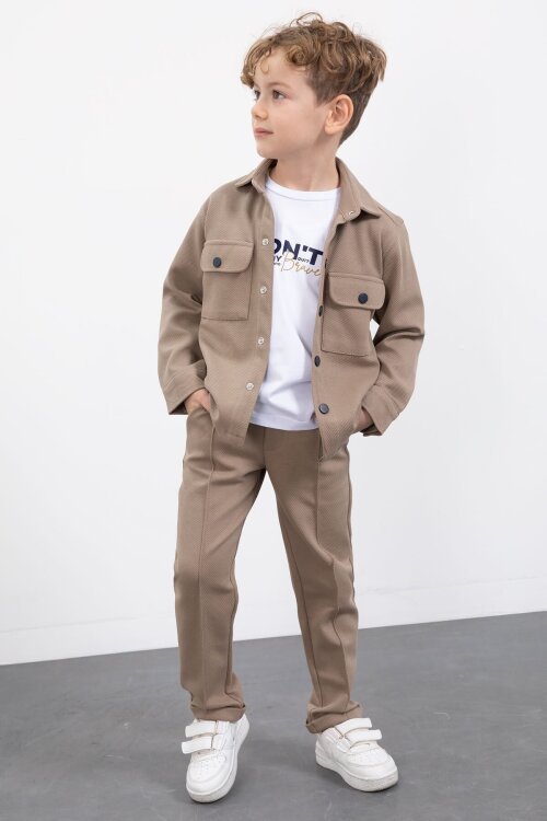 Kahverengi Çıtçıtlı Gömlekli Erkek Çocuk 3lü Tişörtlü Takım  23382