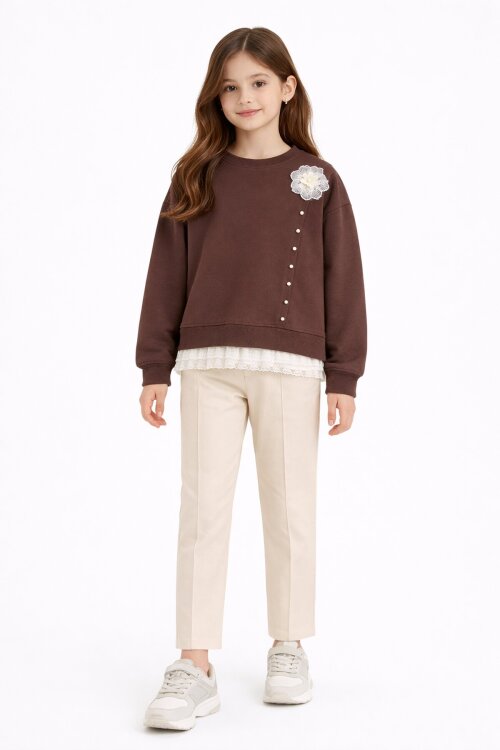 Kahverengi Dantel Detaylı Badili Jean Pantolonlu Kız Çocuk Alt Üst Takım 23594