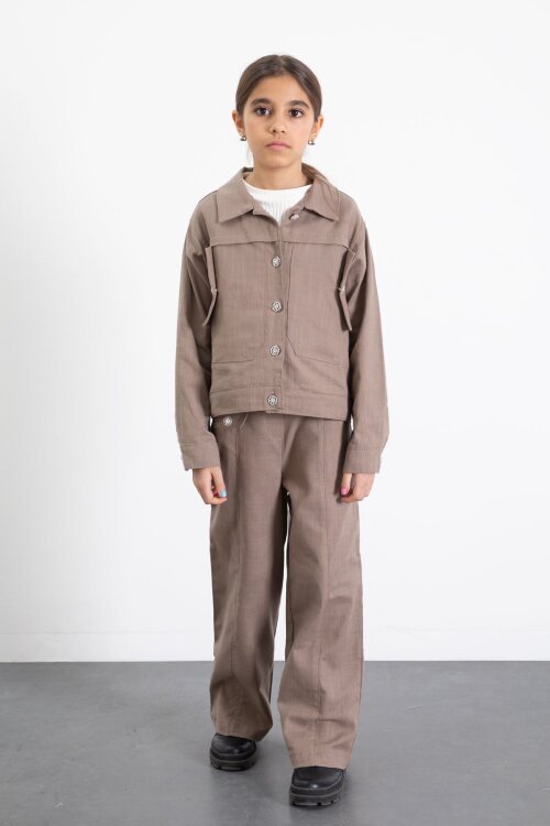 Kahverengi Düğme Detaylı Keten Gömlekli Pantolonlu Kız Çocuk 2li Takım 23517