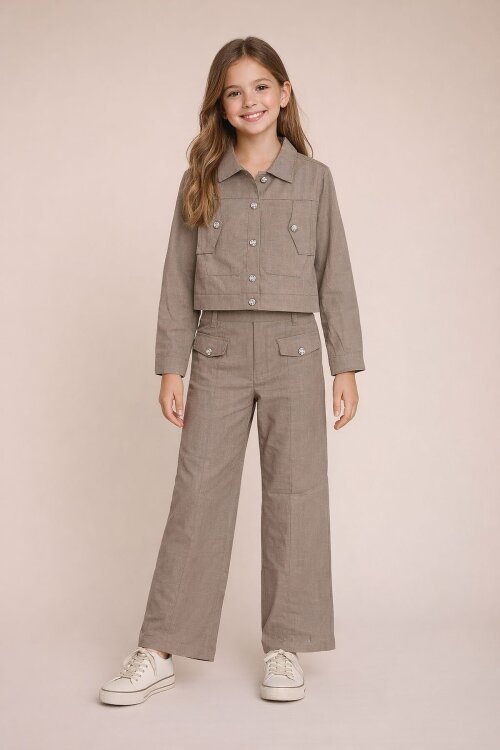 Kahverengi Düğme Detaylı Keten Gömlekli Pantolonlu Kız Çocuk 2li Takım 23517