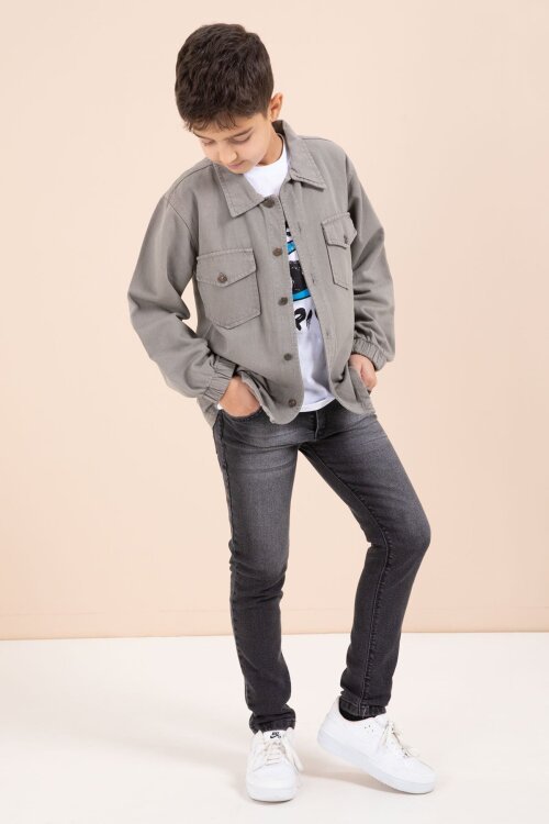 Kahverengi Düğmeli Cepli Gömlekli Jean Pantolonlu Erkek Çocuk 3lü Takım 23636