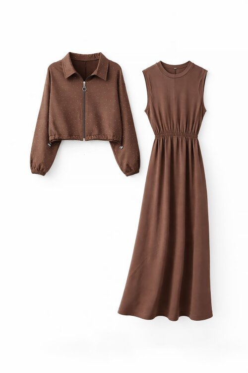 Kahverengi Fermuarlı Taşlı Crop Ceketli Sıfır Kol Kız Çocuk Elbise 23753