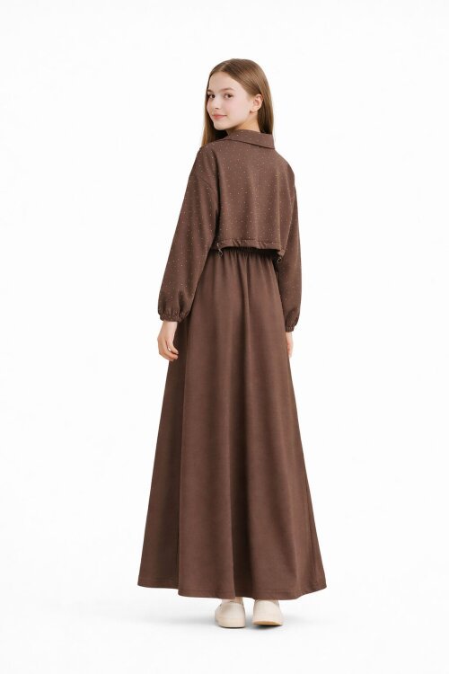 Kahverengi Fermuarlı Taşlı Crop Ceketli Sıfır Kol Kız Çocuk Elbise 23753