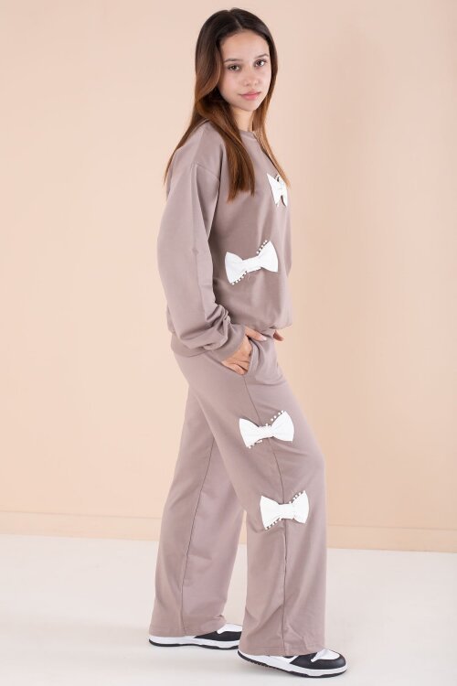 Kahverengi Fiyonklu İnci Detaylı Kız Çocuk Bisiklet Yaka 2li Eşofman Takımı 21202