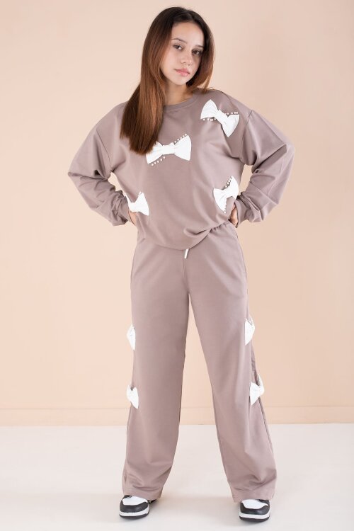 Kahverengi Fiyonklu İnci Detaylı Kız Çocuk Bisiklet Yaka 2li Eşofman Takımı 21202