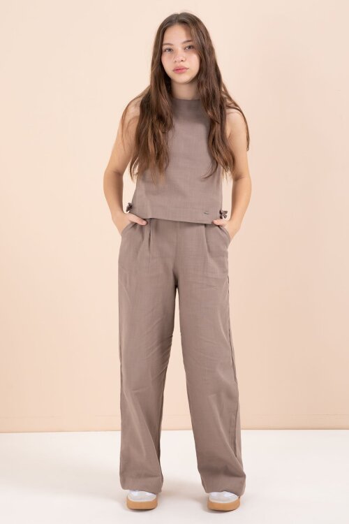 Kahverengi Geniş Paça Pantolonlu Kız Çocuk Keten Croplu Takım 23449