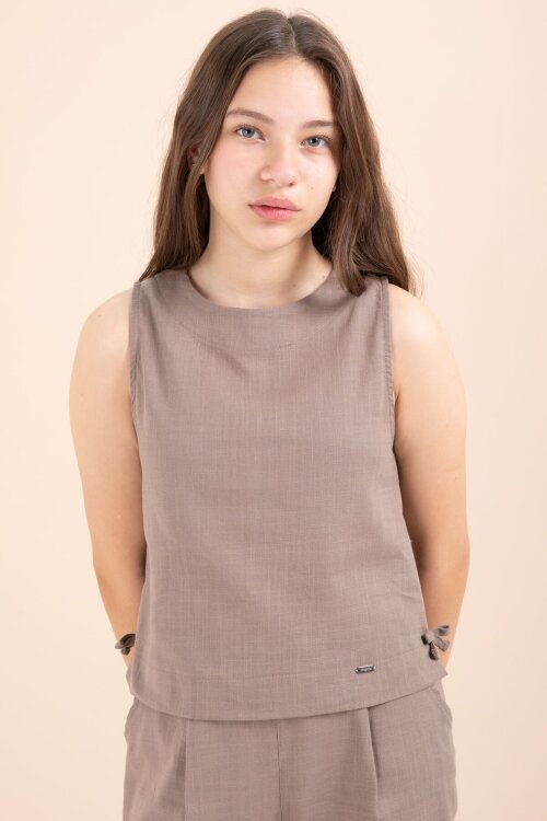 Kahverengi Geniş Paça Pantolonlu Kız Çocuk Keten Croplu Takım 23449