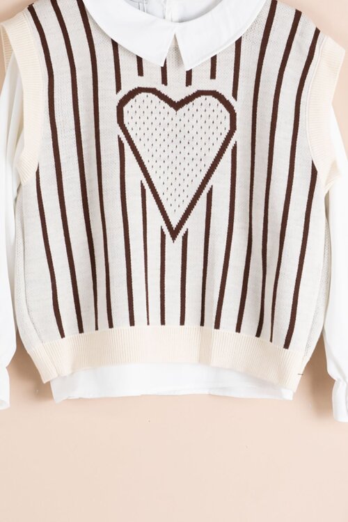 Kahverengi Kalp Desen Süveterli Gömlekli Kız Çocuk Pantolonlu 3lü Takım 23734