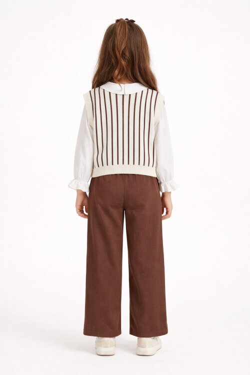 Kahverengi Kalp Desen Süveterli Gömlekli Kız Çocuk Pantolonlu 3lü Takım 23734