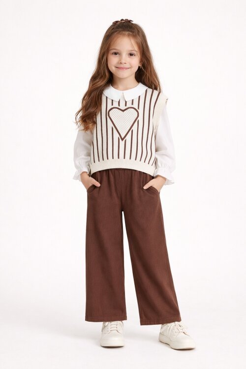 Kahverengi Kalp Desen Süveterli Gömlekli Kız Çocuk Pantolonlu 3lü Takım 23734