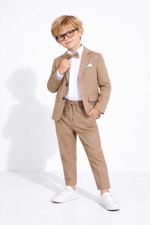 Kahverengi Keten Ceket ve Pantolonlu Erkek Çocuk Papyonlu 4lü Takım Elbise  23523