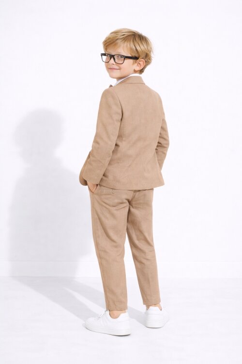 Kahverengi Keten Ceket ve Pantolonlu Erkek Çocuk Papyonlu 4lü Takım Elbise  23523