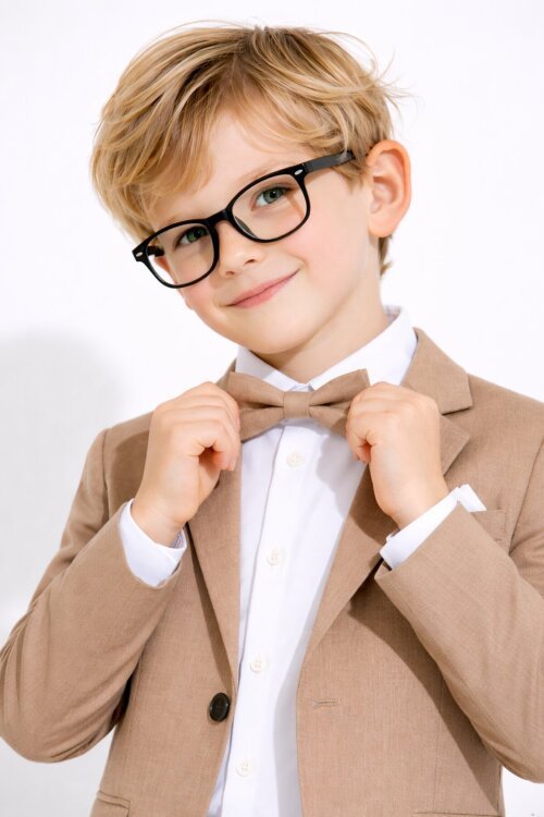 Kahverengi Keten Ceket ve Pantolonlu Erkek Çocuk Papyonlu 4lü Takım Elbise  23523