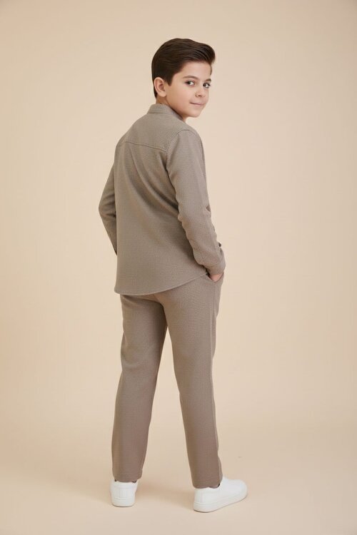 Kahverengi Keten Gömlekli Pantolonlu Erkek Çocuk 3lü Alt Üst Takım  23574