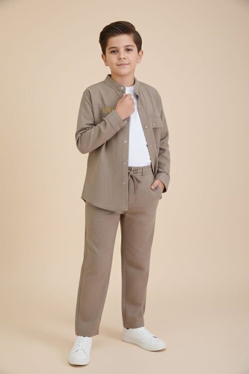 Kahverengi Keten Gömlekli Pantolonlu Erkek Çocuk 3lü Alt Üst Takım  23574