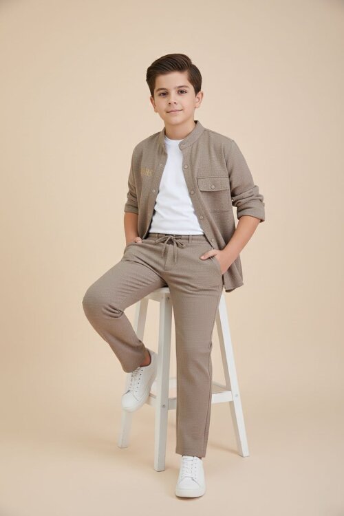 Kahverengi Keten Gömlekli Pantolonlu Erkek Çocuk 3lü Alt Üst Takım  23574