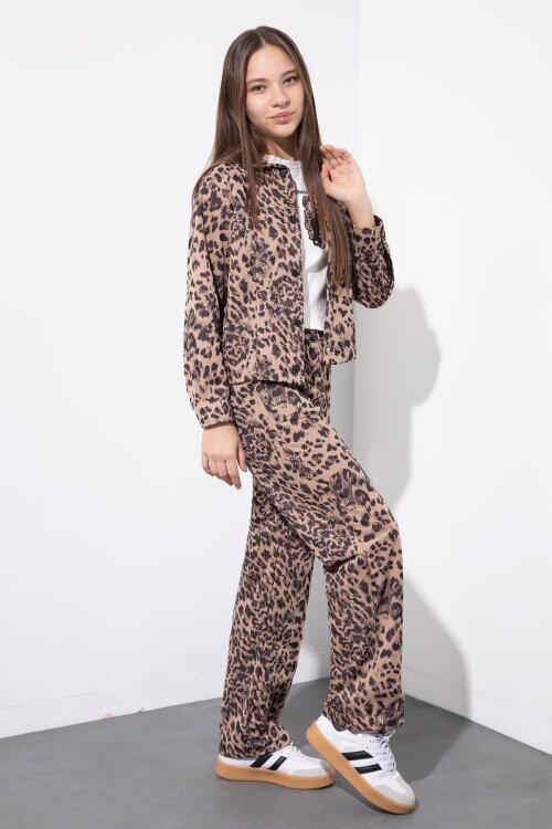 Kahverengi Leopar Desenli Ceketli ve Pantolonlu Kız Çocuk Badili 3lü Takım  23548