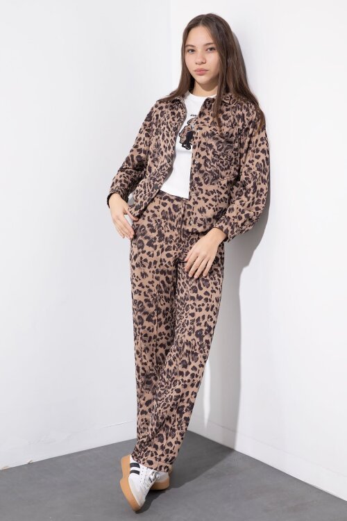 Kahverengi Leopar Desenli Ceketli ve Pantolonlu Kız Çocuk Badili 3lü Takım  23548