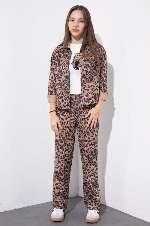 Kahverengi Leopar Desenli Ceketli ve Pantolonlu Kız Çocuk Badili 3lü Takım  23548