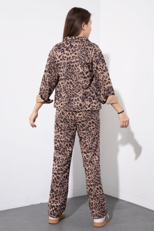 Kahverengi Leopar Desenli Ceketli ve Pantolonlu Kız Çocuk Badili 3lü Takım  23548