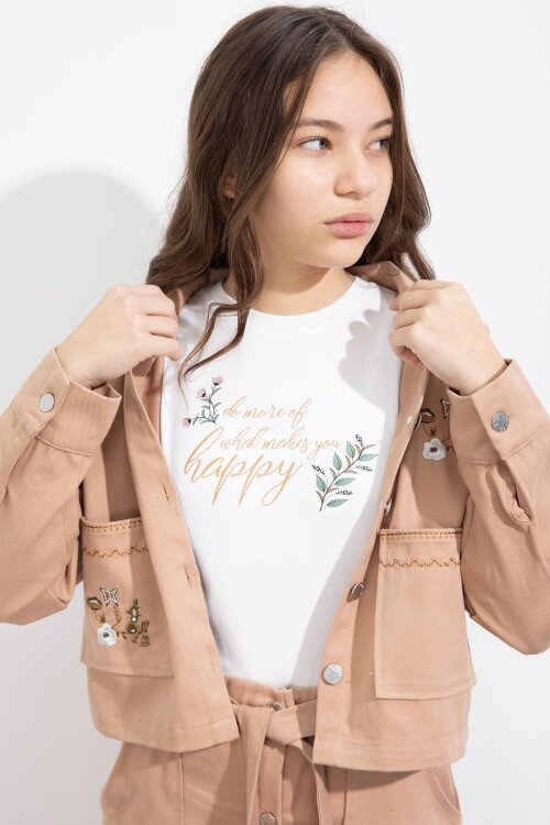 Kahverengi Nakış Detaylı Jean Ceketli Kuşaklı Etekli Kız Çocuk 3lü Takım  23503