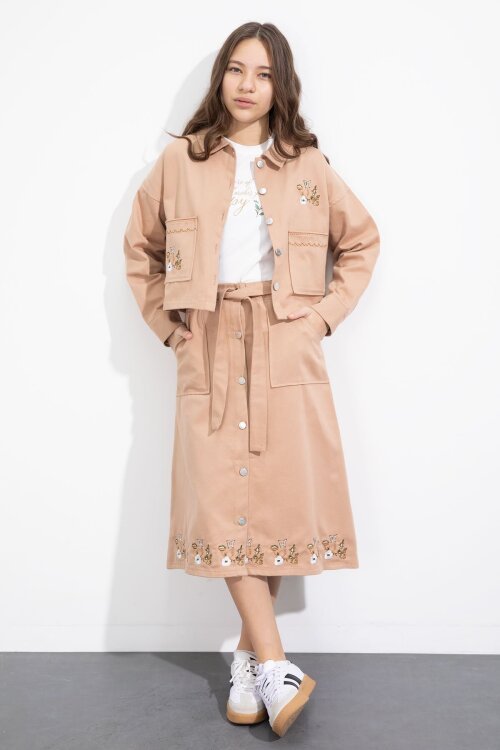 Kahverengi Nakış Detaylı Jean Ceketli Kuşaklı Etekli Kız Çocuk 3lü Takım  23503