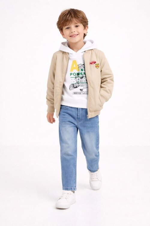 Kahverengi Nakışlı Ceketli Jean Pantolonlu Erkek Çocuk Kapşonlu 3lü Takım 23526